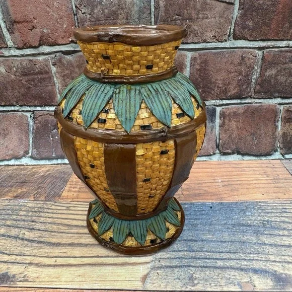 Resin Basket Weave Pineapple Vase Vintage Tiki Hand-Painted MCM