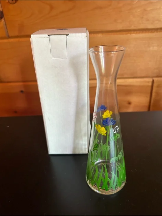 Hand-Painted Floral Glass Bud Vase - Clear with Yellow & Blue Flowers