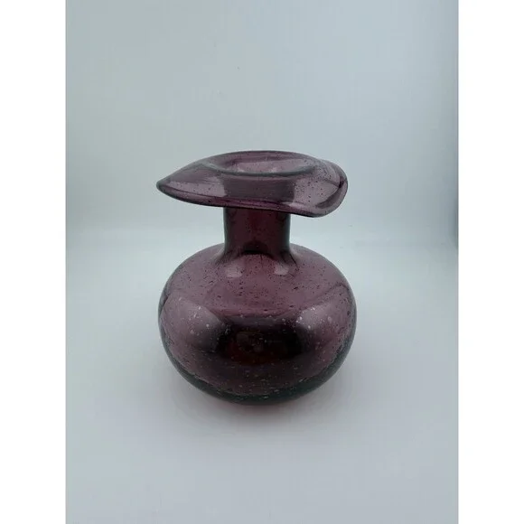 Vintage Hand Blown Small Folded Rim Purple Glass Bud Vase 4.5