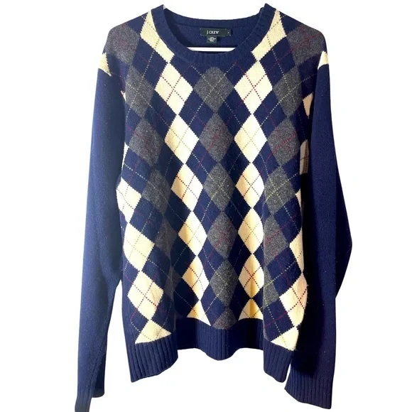 J Crew Men’s 100% Lambswool‎ Navy Blue Argyle V-Neck Sweater