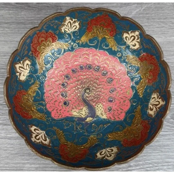 Vtg Brass‎ or Plated Bowl Trinket Dish w/ Peacock Floral Design India Scalloped