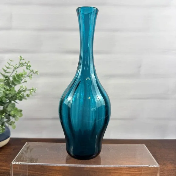 Blenko 64D Peacock Glass Bottle Vase Joel Myers MCM 10
