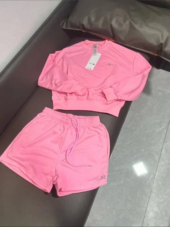 ALO Yoga Pink Cropped Sweatshirt & Drawstring Shorts Set Size M