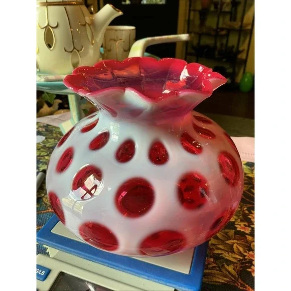 Vintage FENTON MCM Cranberry Opalescent Coin‎ Dot Art Glass Vase 6.5
