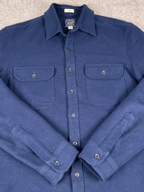 J. Crew Heavyweight Chamois Work Shirt Men Navy Blue Double Pocket Flannel Slim