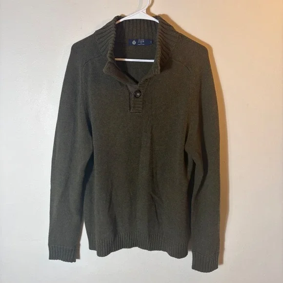 J. Crew‎ Olive Green Shawl Collar Pullover Sweater 100% Cotton Size Medium