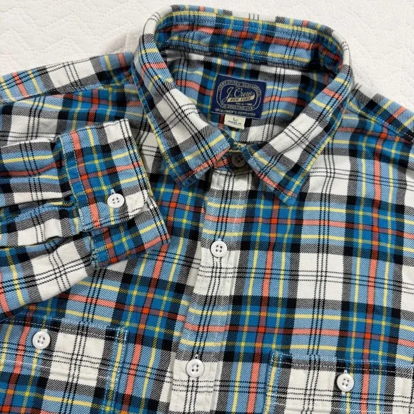 J Crew Men's Plaid Flannel Long Sleeve Button Up Shirt Size L Blue White Red EUC