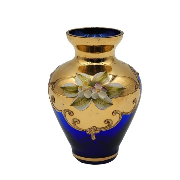 Vintage Venetian Murano Glass Cobalt Blue Vase 24K Gold Enamel Raised Floral 5in