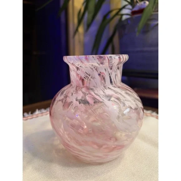 Vintage Hand Blown Pink White Swirl Art Glass Vase - Flawless Condition