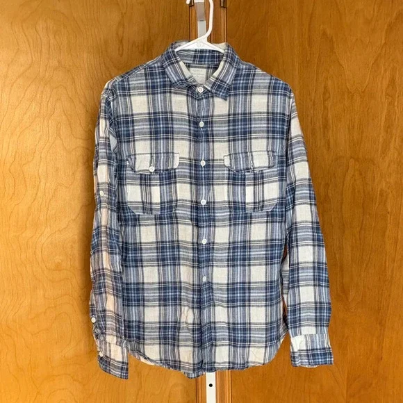 J. Crew Irish Linen Plaid Button Down Shirt Men's Medium‎ Blue White Roll Tab