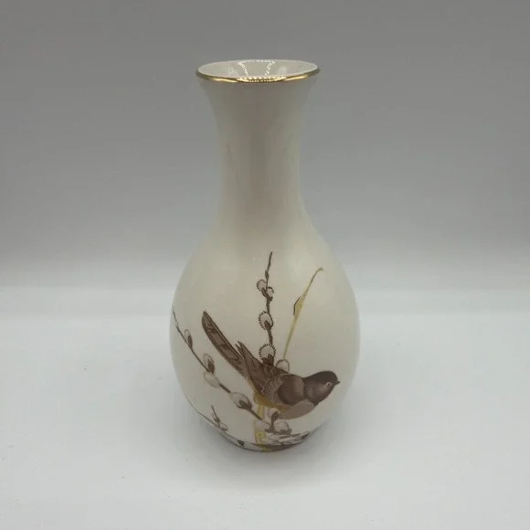 VTG Otagiri Japan Bud Weed Vase Gibson Chickadee PussyWillow Gold Trim