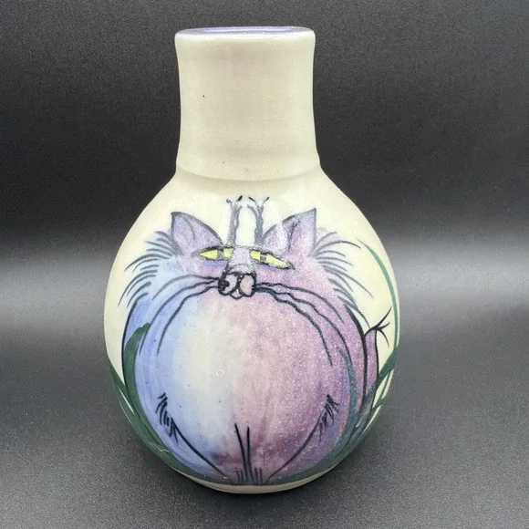 VTG Moonfire Pottery Signed Hand Painted Cat Bud Weed Vase Studio Art Delffs '96