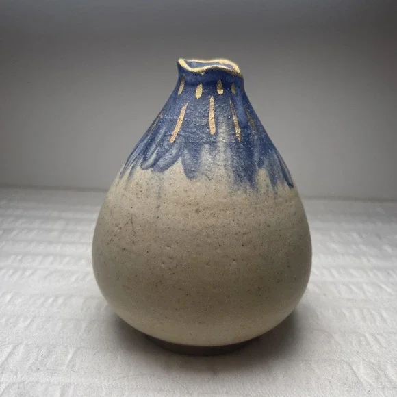Ceramic Bud Weed Vase with Hand Painted Blue & Gold Studio Pottery Signed 5
