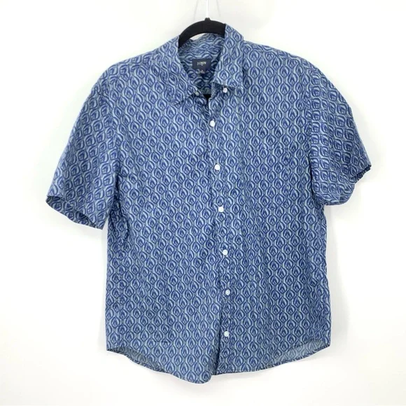 J Crew Men‎ Size Medium Shirt Short Sleeve Top Blue Gray Printed Stretch Flex