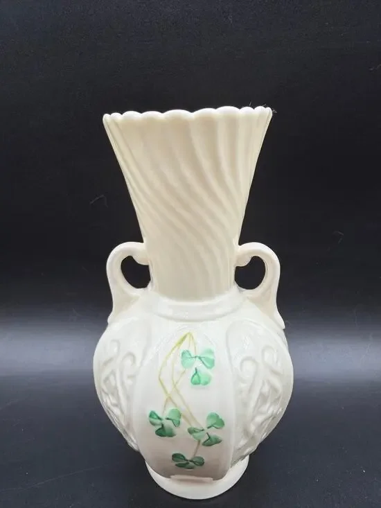 Vintage Belleek Ireland Shamrock Double Handle Vase Reg No 0857 Green Mark 6”