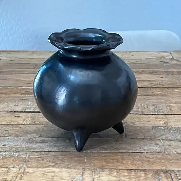 Three Footed Black Pottery Vase Traditional Barro Negro Vessel Oaxaca México