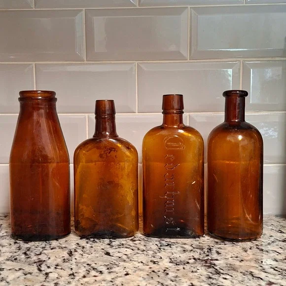 Antique Bottle Digging Lot 4 Dug Amber Whiskey Flask Milk Medicine 1914-1950