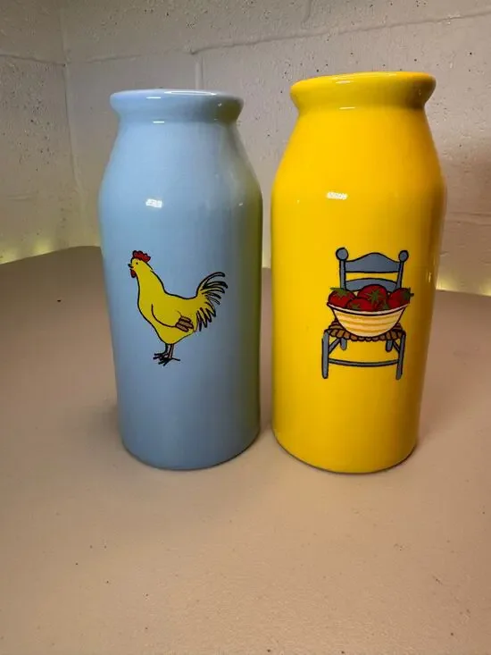 set of 2 ceramic farmhouse bottle vases rooster tomato country kitchen decor
