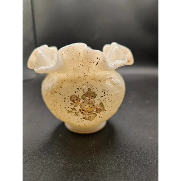 Fenton Handpainted Ruffled Mini Rose Bowl Vase Signed V Anderson Gold Glitter XX