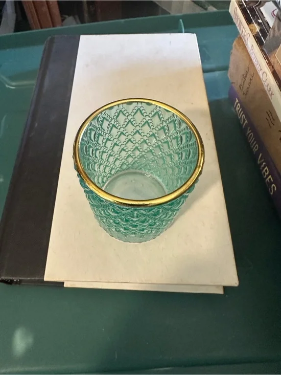 Teal Textured Glass Candle Holder with Gold Rim