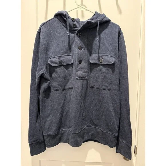 J Crew 1/2 Snap Pullover Sweater Men's Size Medium Navy Blue Pockets Hooded