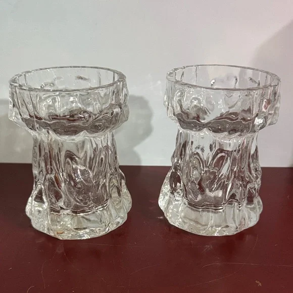 Vintage 1970 Ingrid Glashütte clear glass bark vase/candle holders
