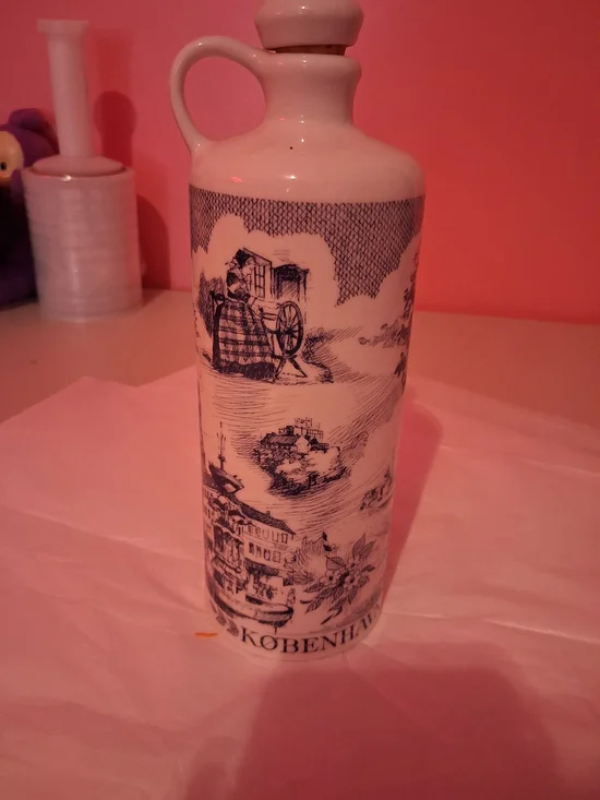 Decorative White Ceramic Bottle with Blue Transferware Design - Unbranded