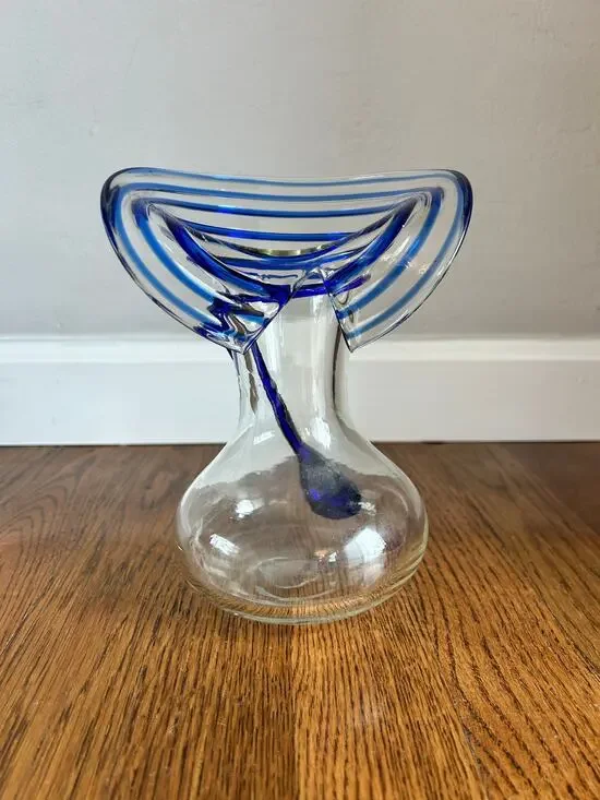 Vintage Blenko Glass Vase Cobalt Blue Applied Swirl Clear Art Glass 7