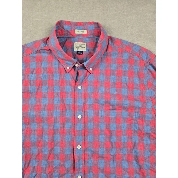 J. Crew Button Down Shirt Mens Large Red Blue Gingham Check Short Sleeve Classic