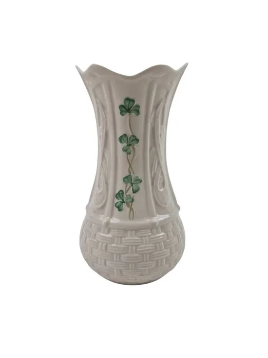 Belleek Shamrock Kells Vase Porcelain 6 in Basketweave Green Mark Vintage