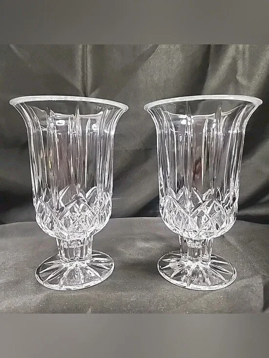 Pair Vintage DePlomb Crystal Hurricane Candle Holders.