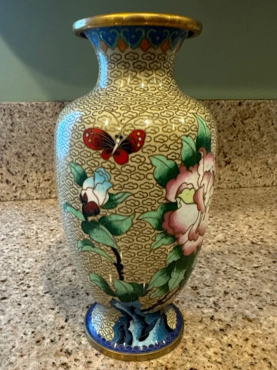 Hand-Painted Vintage Cloisonné Brass Vase