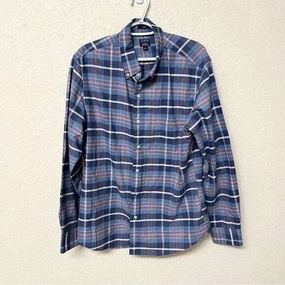 J. Crew Flex Oxford Slim Plaid Button Down Casual Shirt Long Sleeve Mens Size L