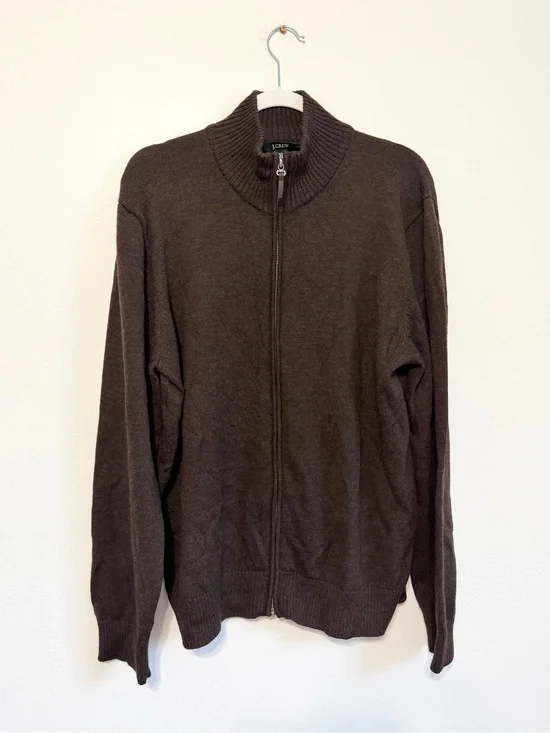 J CREW Mens Sweater Full Zip 100% Merino Wool Brown Casual Preppy LARGE