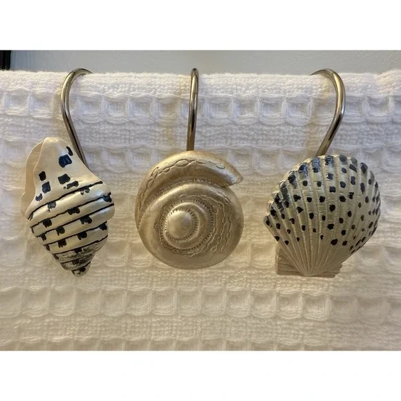 Vtg Seashell Shower Curtain Hooks Beach Nautical Bathroom Décor Resin 12 pc NWOT