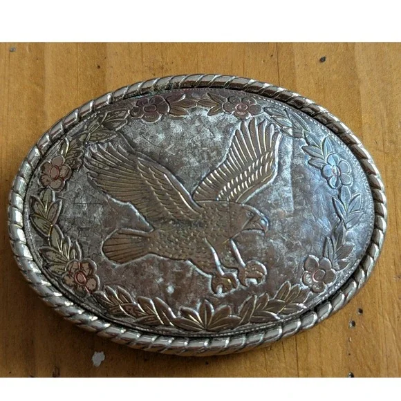 Vintage Eagle Floral Oval Belt Buckle Silver Copper Tone Western Cowboy Biker