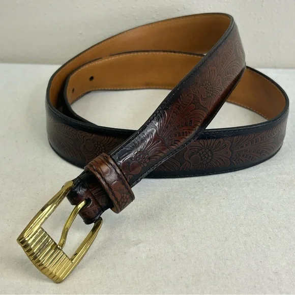 Perry Ellis 36 Brown‎ Embossed Leather Belt with Gold Buckle Cowhide Floral