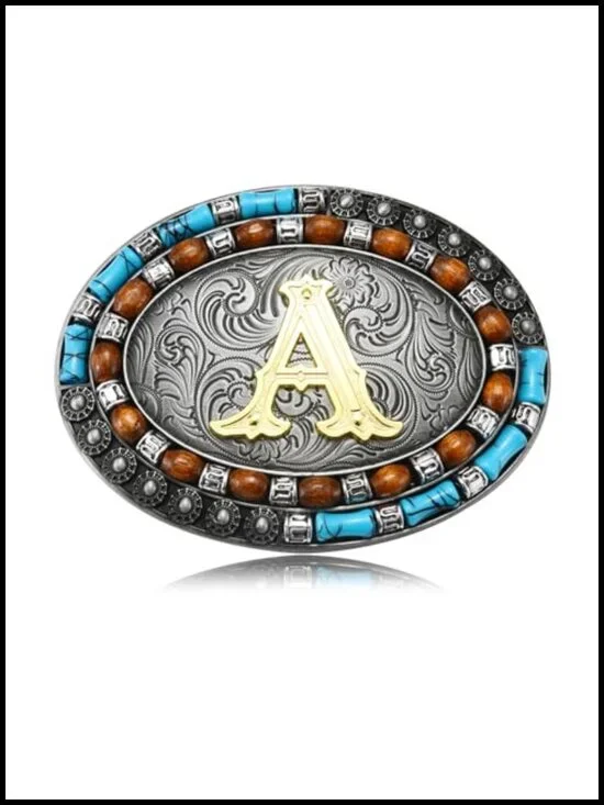Western Initial Letter Belt Buckle Zinc Alloy Turquoise Design Fits 1.5
