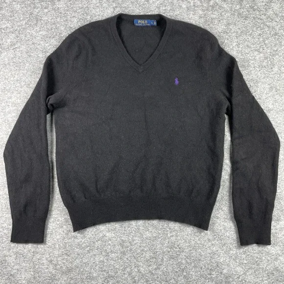 Polo Ralph Lauren Sweater Mens L Black 100% Merino Wool V-Neck Purple Pony