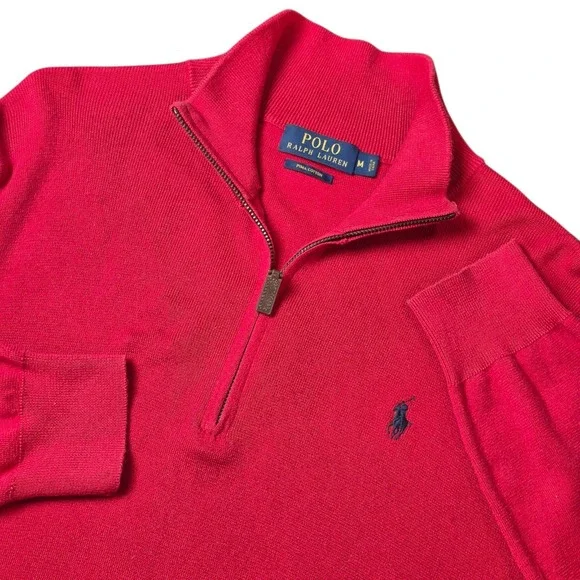 Polo Ralph Lauren Men's M‎ Red Quarter 1/4 Zip Pima Preppy Sweater