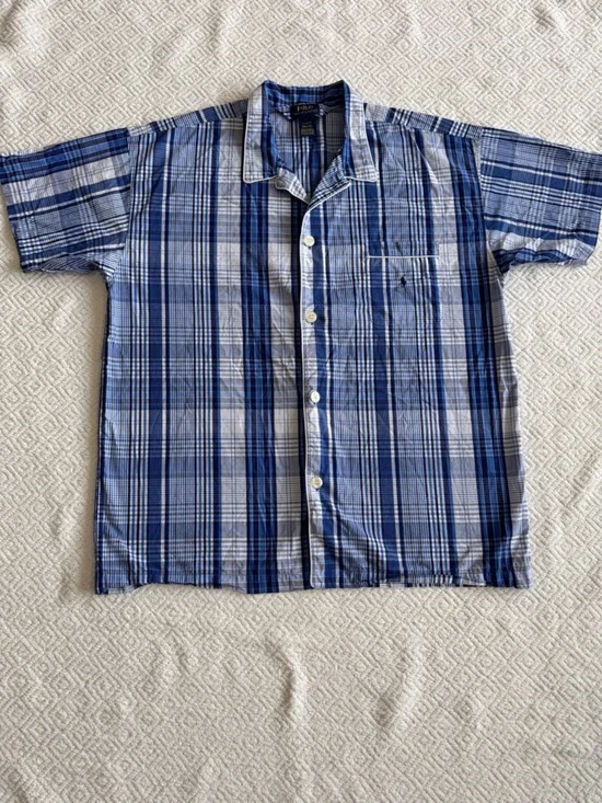 Polo Ralph Lauren Blue and White Plaid Short-Sleeve Button-Up Shirt Sz XL