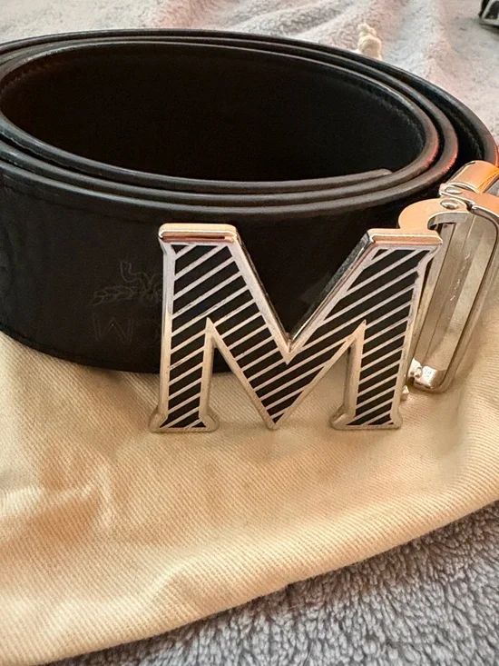 MCM Black Leather Belt with Striped Silver M Buckle