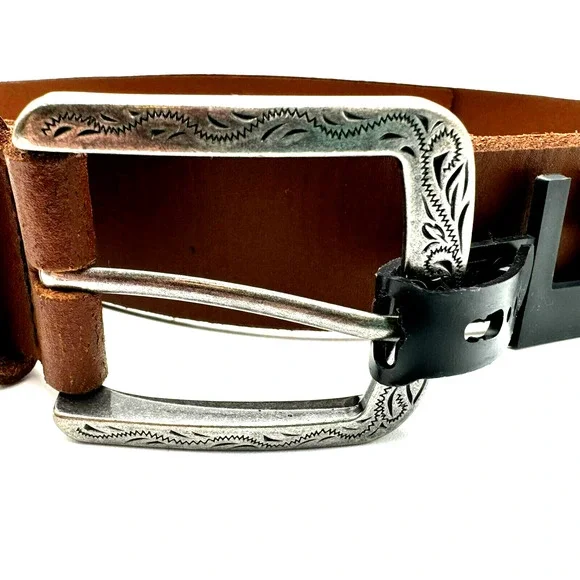 INC | NWT Men's Large 38-40 Tan Brown Genuine Leather Western Silver Buckle Belt