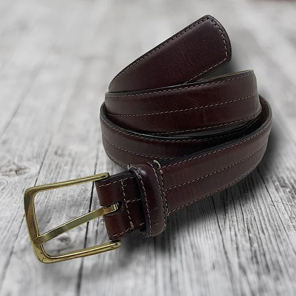 Vintage Classic Brown Harness Leather Seamed Belt Men's Sz 38 Solid Brass Buckle