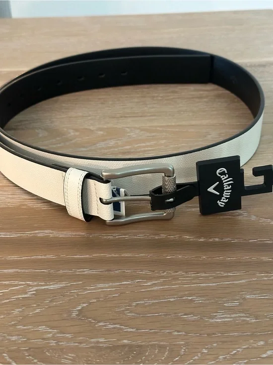 Callaway Reversible Cream and Black Men's Belt with Brushed Metal Buckle