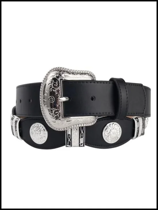 Men's Western Ranger Belt Full Grain Leather Scalloped Design Silver Conchos