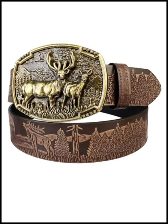 Western Belt for Men Women Cowboy Cowgirl Leather Belt with Deer Buckle for