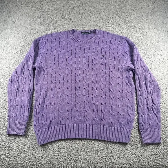 Polo Ralph Lauren Sweater Mens XL Purple Cable Knit Crewneck Long Sleeve Logo