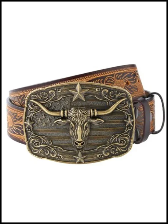 Men's Western Cowboy Leather Belt with Engraved Buckle