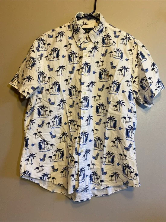 Ralph Lauren Men’s Large Hawaiian Casual Button Up Shirt White All‎ Over Print